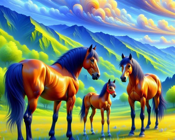 Three Horses in a Colorful Landscape Scene