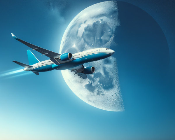 Aircraft in blue sky with moon and vapor trail