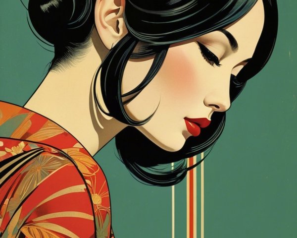 Stylish Woman in Floral Kimono with Vintage Glamour