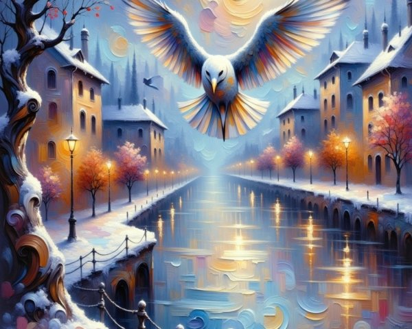 Majestic Owl Over Tranquil Canal at Twilight