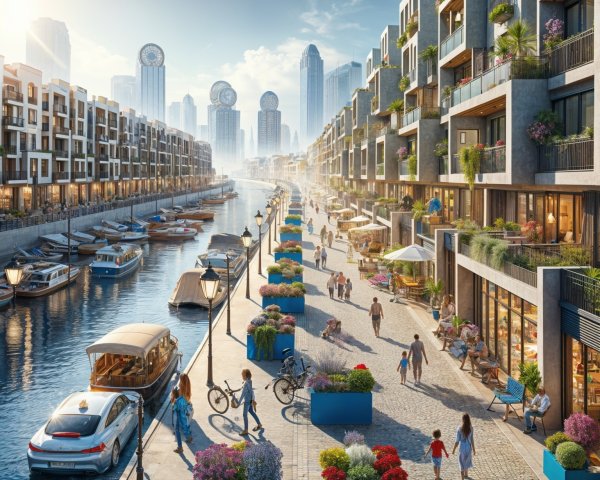 Vibrant Waterfront Scene with Modern Buildings and Canal