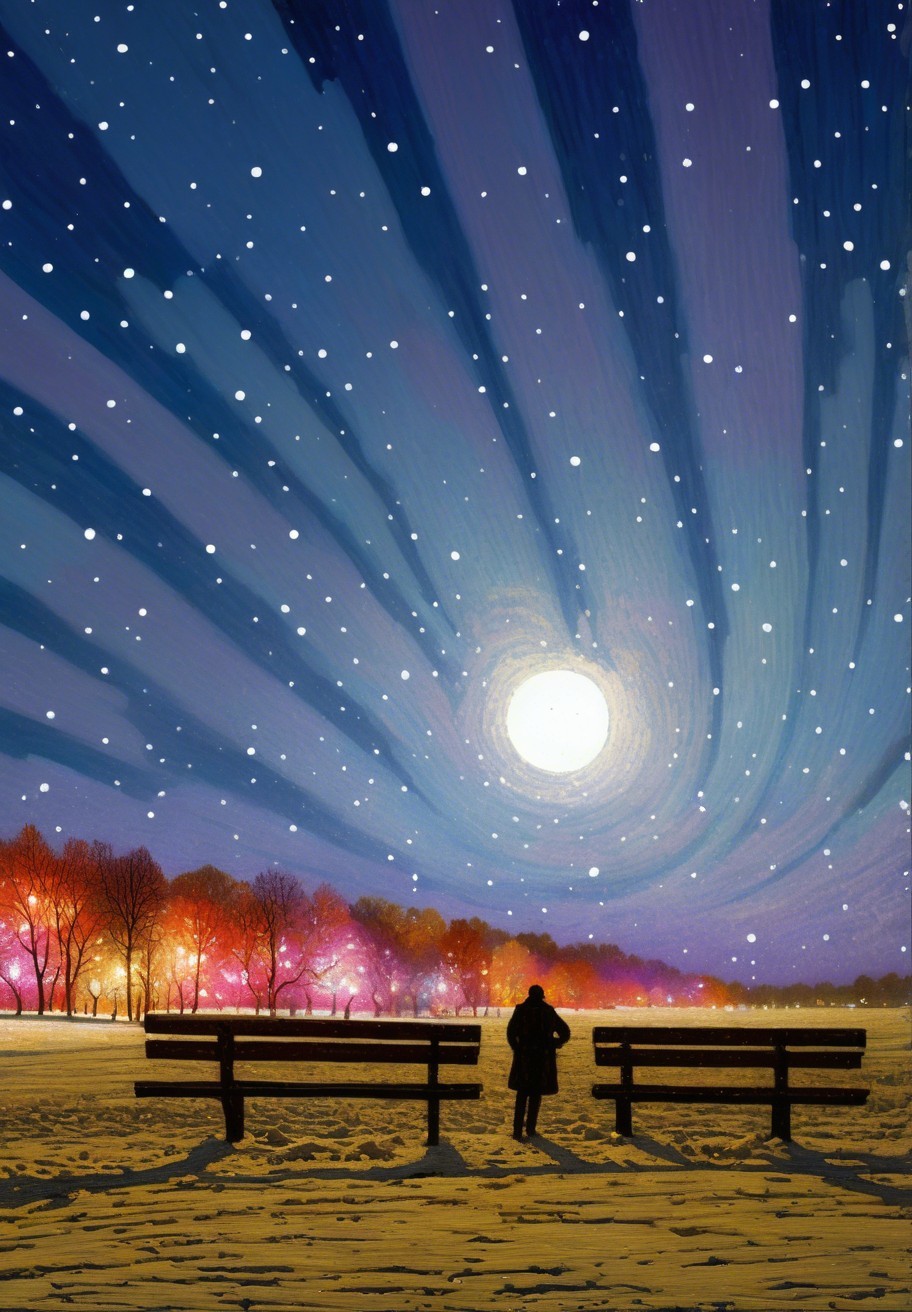 Man in Snowy Field with Colorful Forest at Night