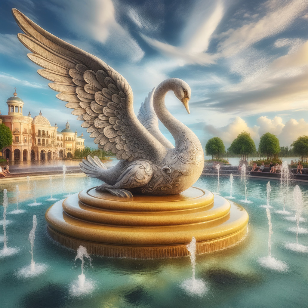 Majestic fountain with swan sculpture and water jets