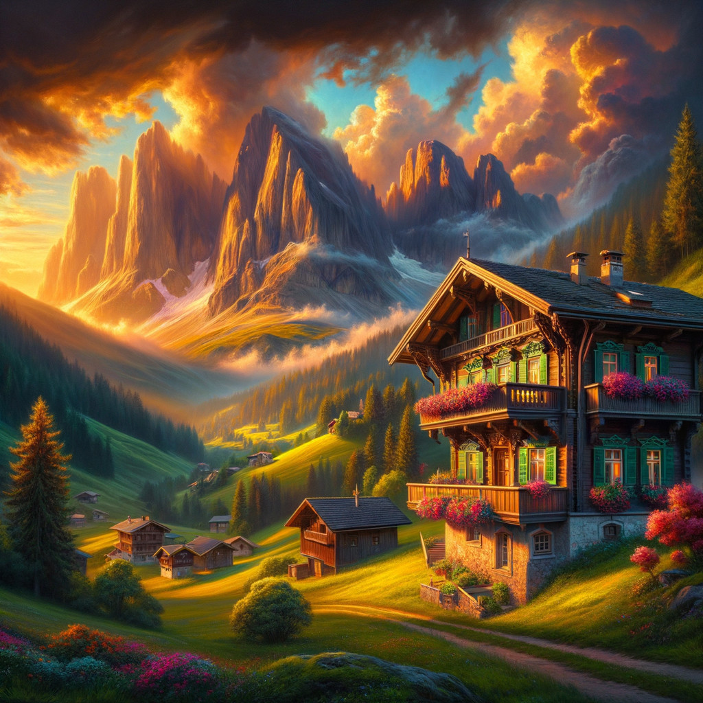 Alpine Scene with Chalet, Mountains, and Sunset Glow