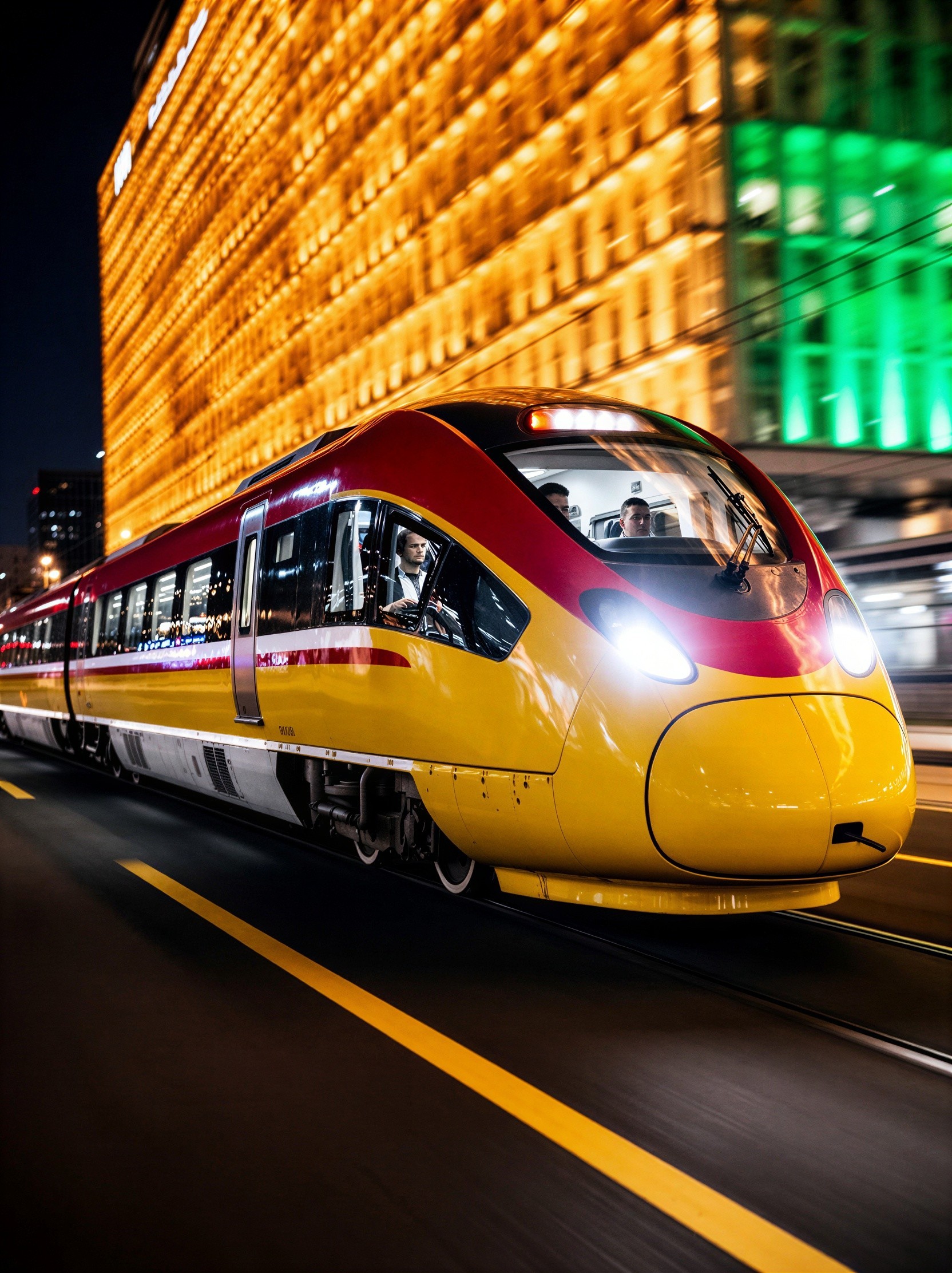 Modern Red and Yellow Train in Urban Nightscape