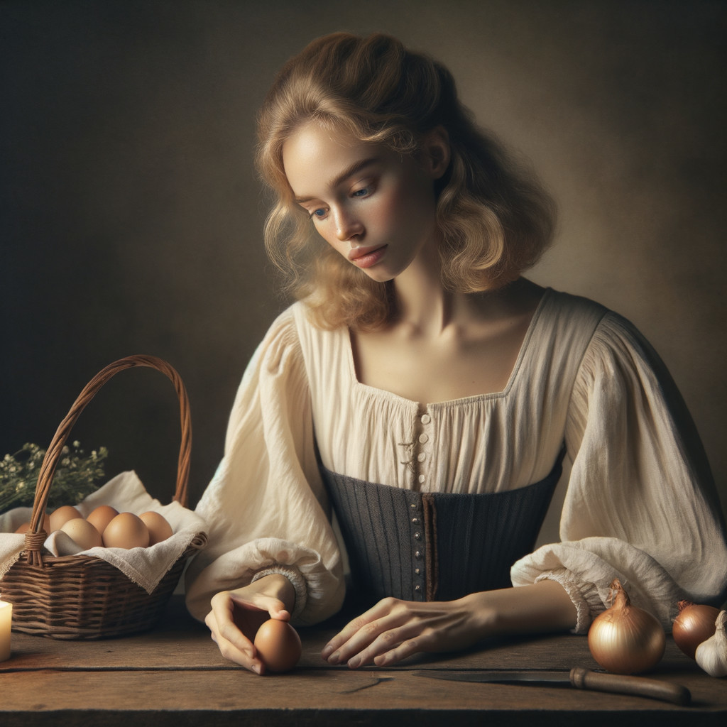 Young Woman in Historical Outfit with Eggs and Onions