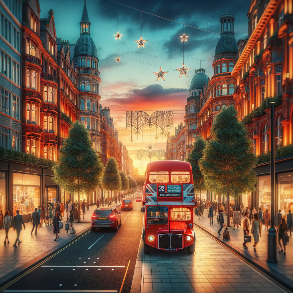 Vibrant City Street at Dusk with Festive Decorations