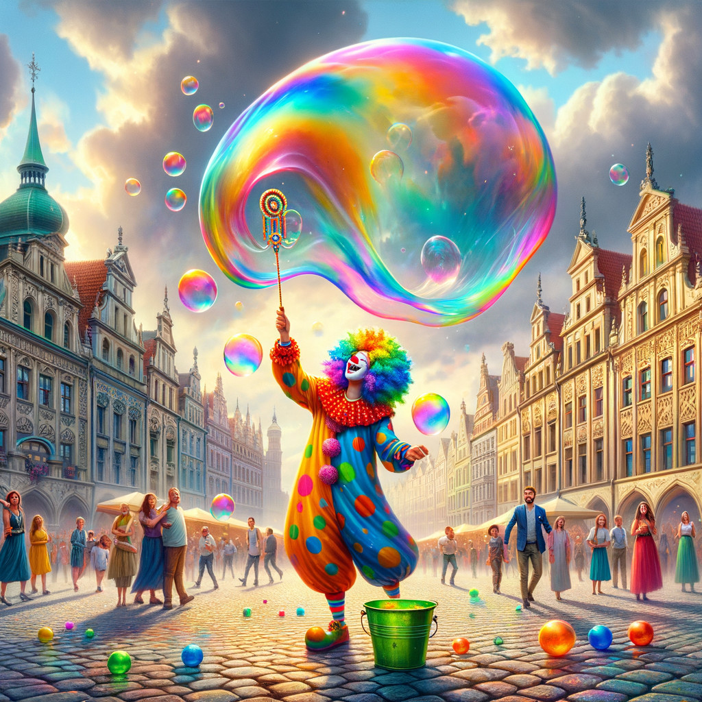 Cheerful Clown Blows Bubbles in Vibrant Town Square