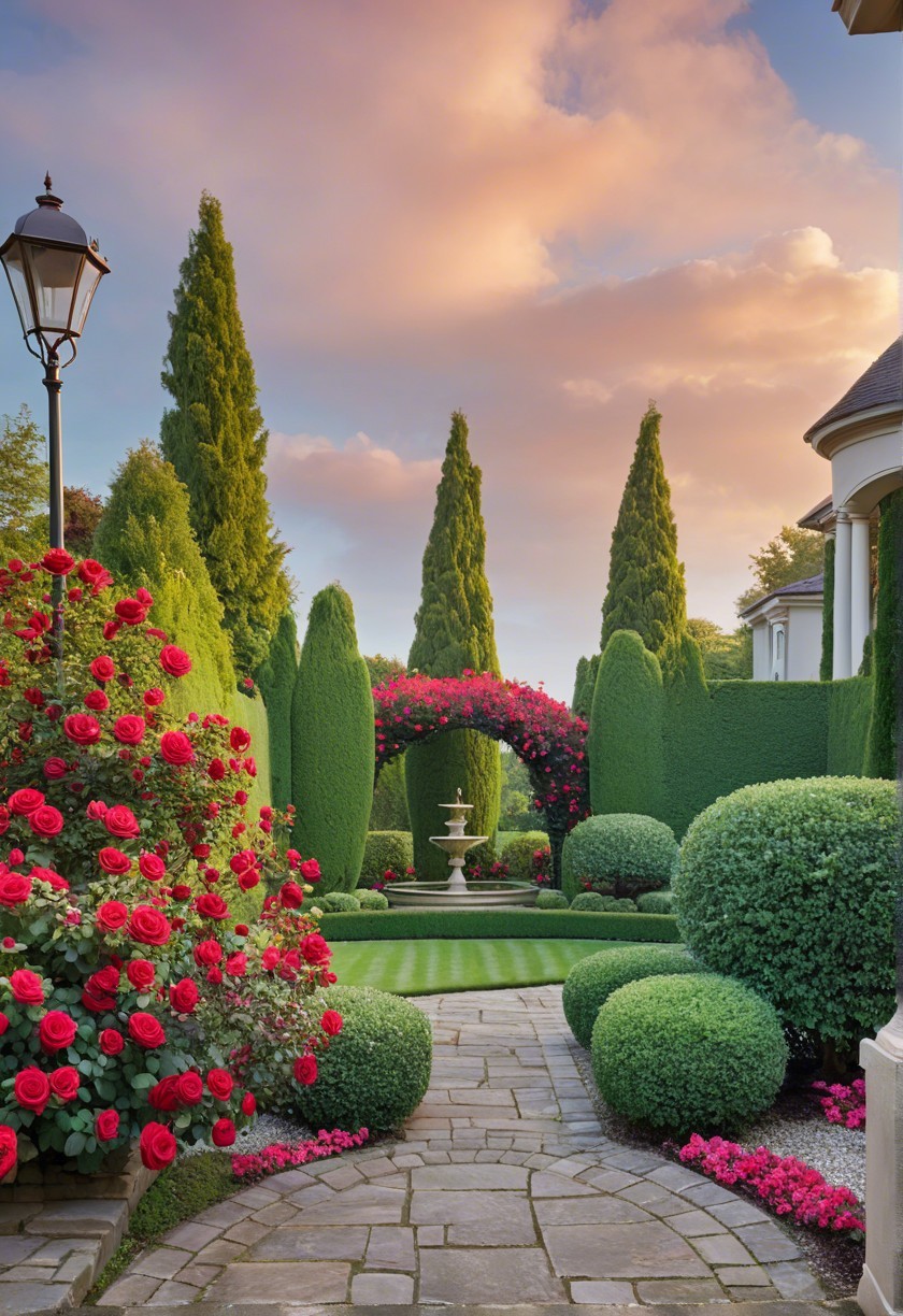 Charming Garden Pathway with Fountain and Flowers