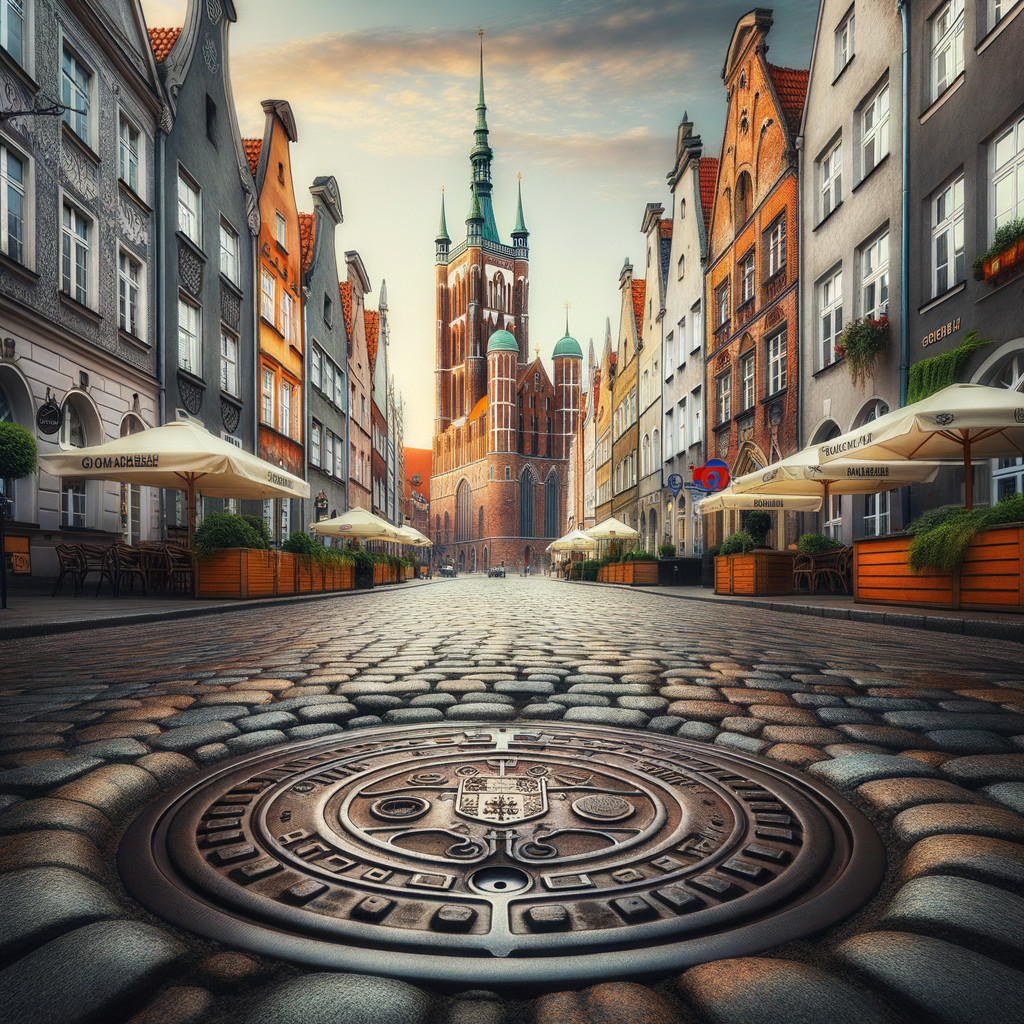 Cobblestone Street with Historic Buildings and Church