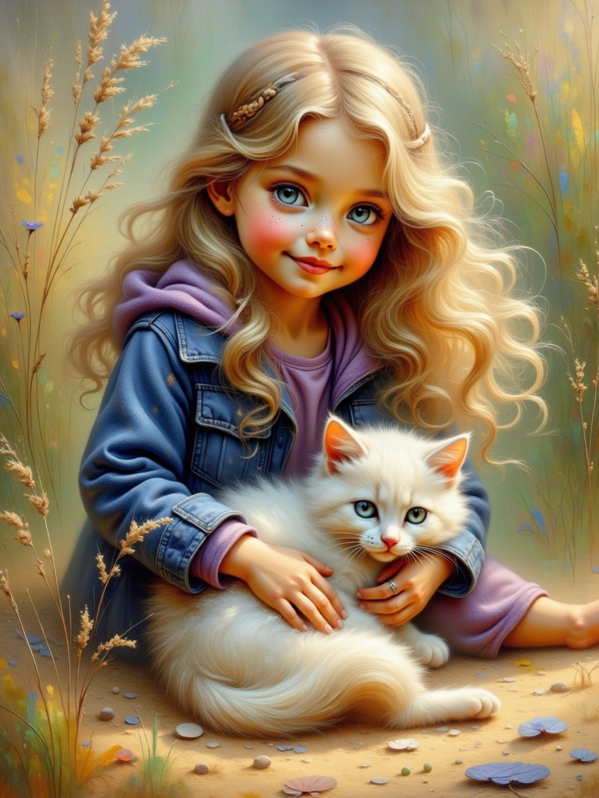 Young girl with cat in a tranquil natural setting