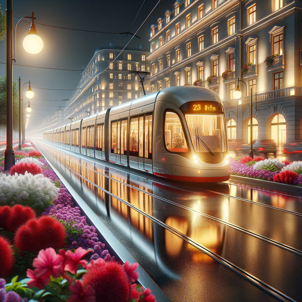 Modern Tram in Vibrant City at Night with Flowers