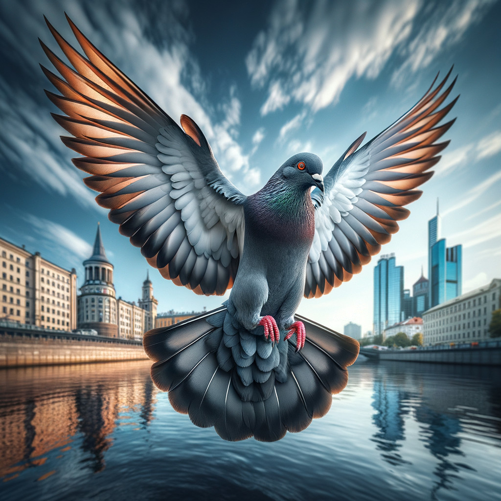 Pigeon Soaring Over Cityscape with Skyscrapers and River