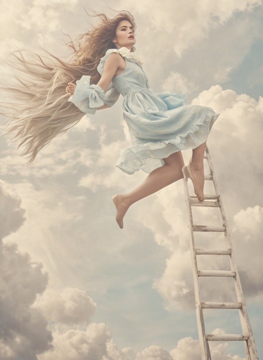 Young Woman in Light Blue Dress Descending Ladder