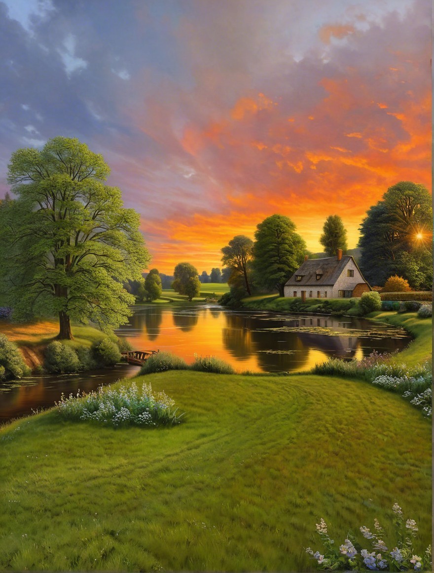 Serene Sunset Landscape with Tranquil Lake and Cottage