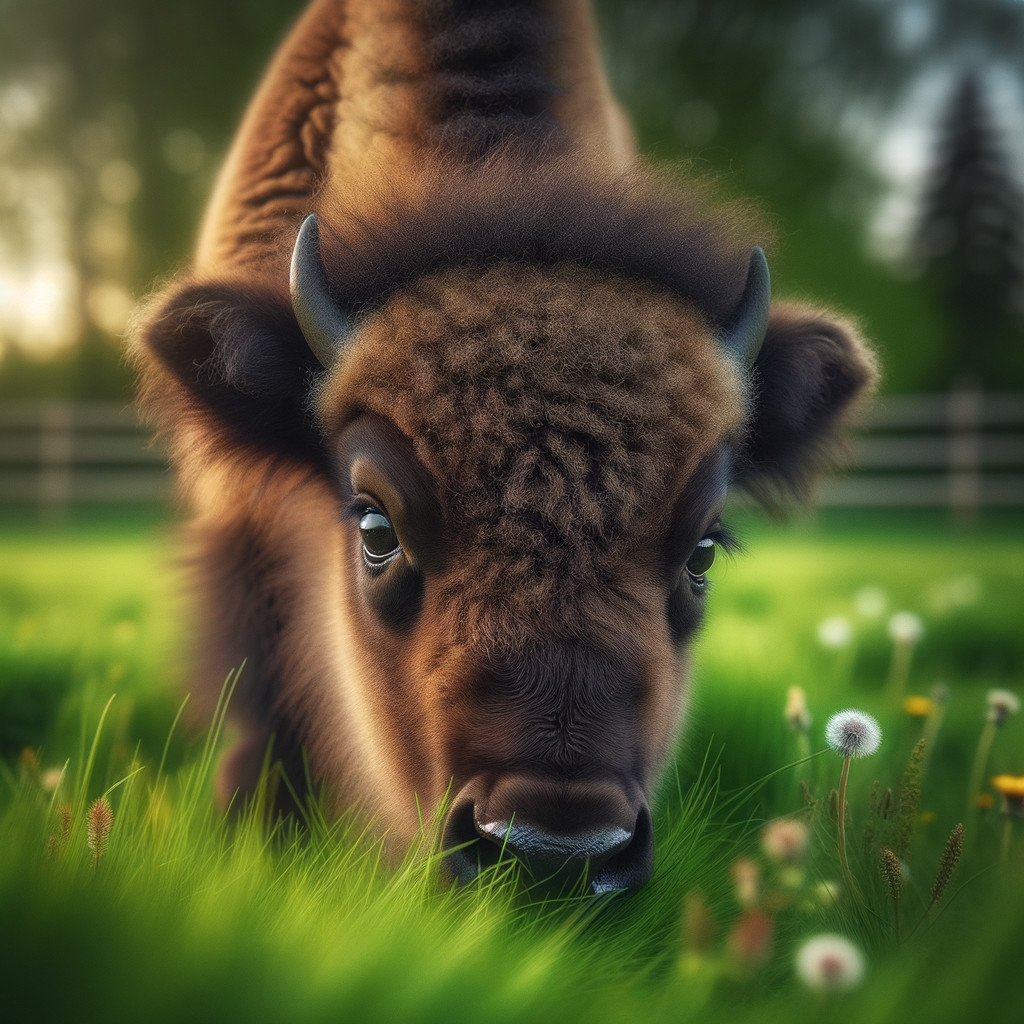 Close-Up of Young Bison Calf in Green Meadow