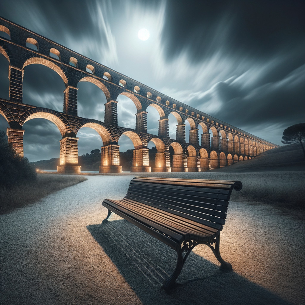 Bench Under Stone Aqueduct in Moonlit Landscape