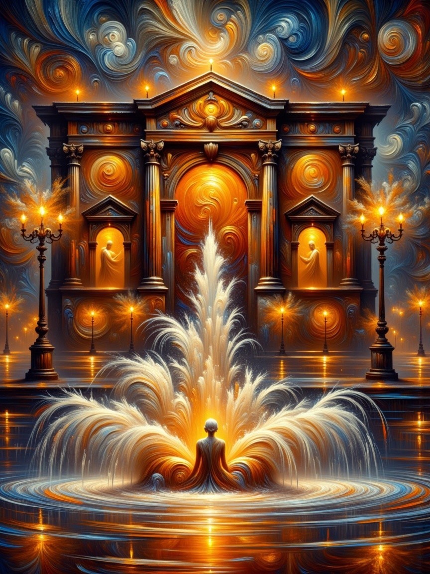Grand architectural structure with illuminated fountain and sky
