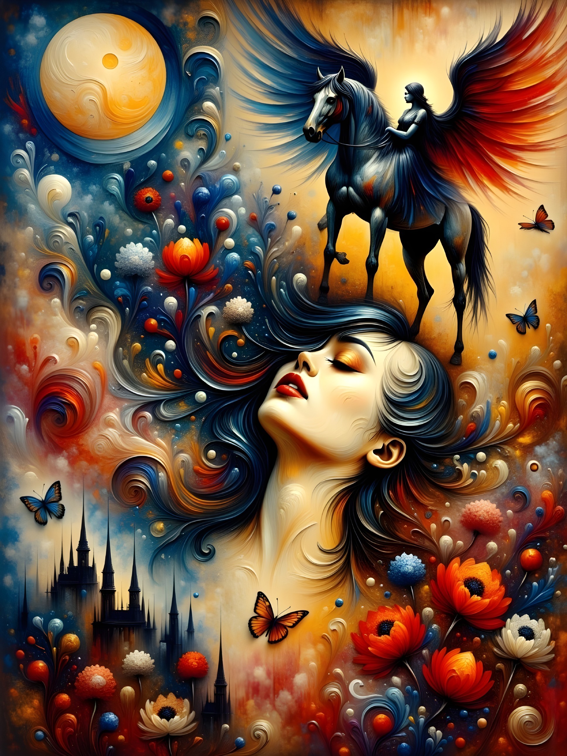 Surreal Scene with Ethereal Woman and Winged Horse