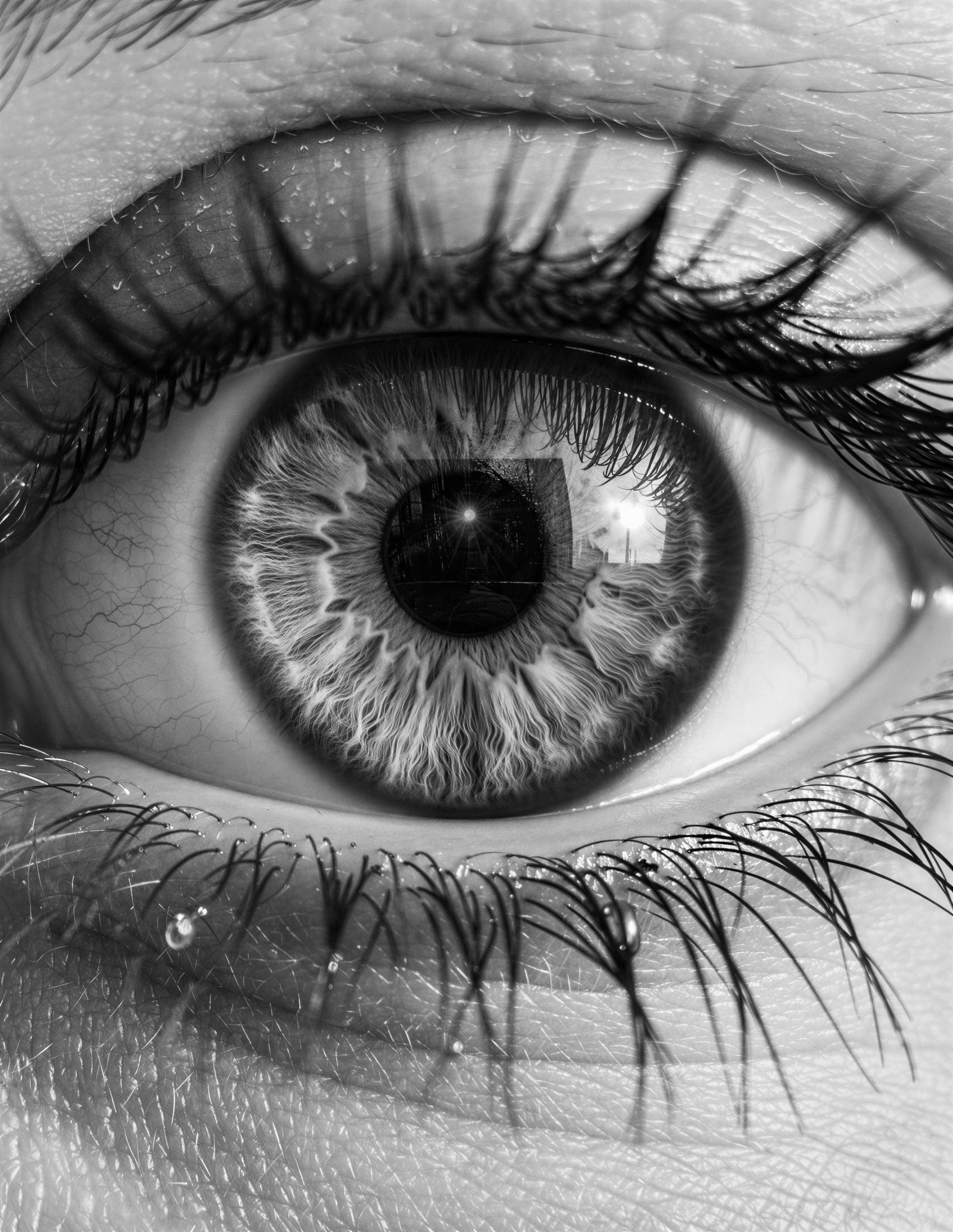 Close-Up of an Eye with Urban Reflection and Tears