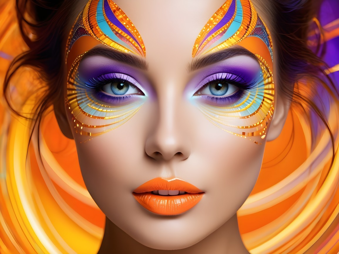 Vibrant Portrait of Woman with Colorful Makeup and Art