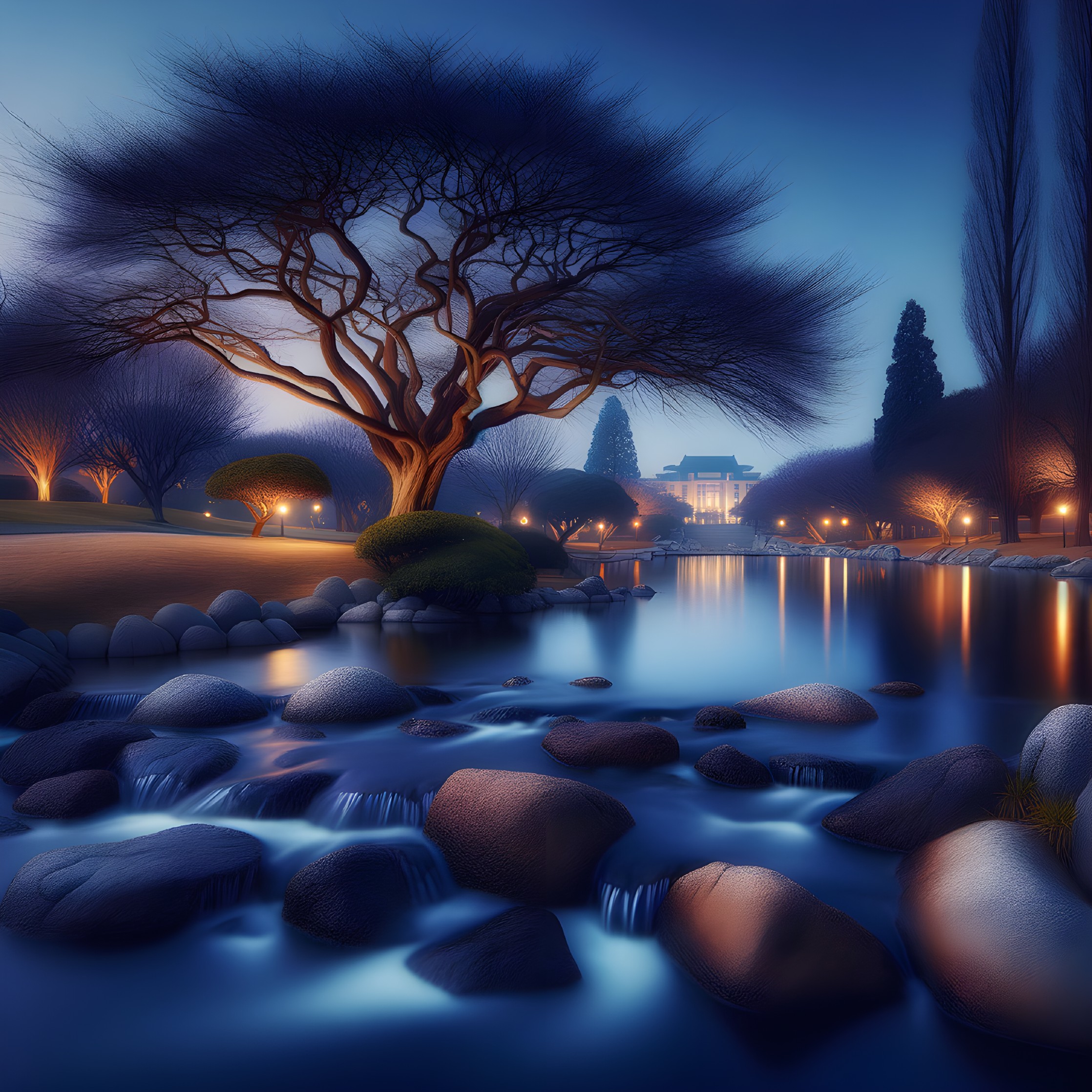 Twilight Landscape with Pond and Elegant Building
