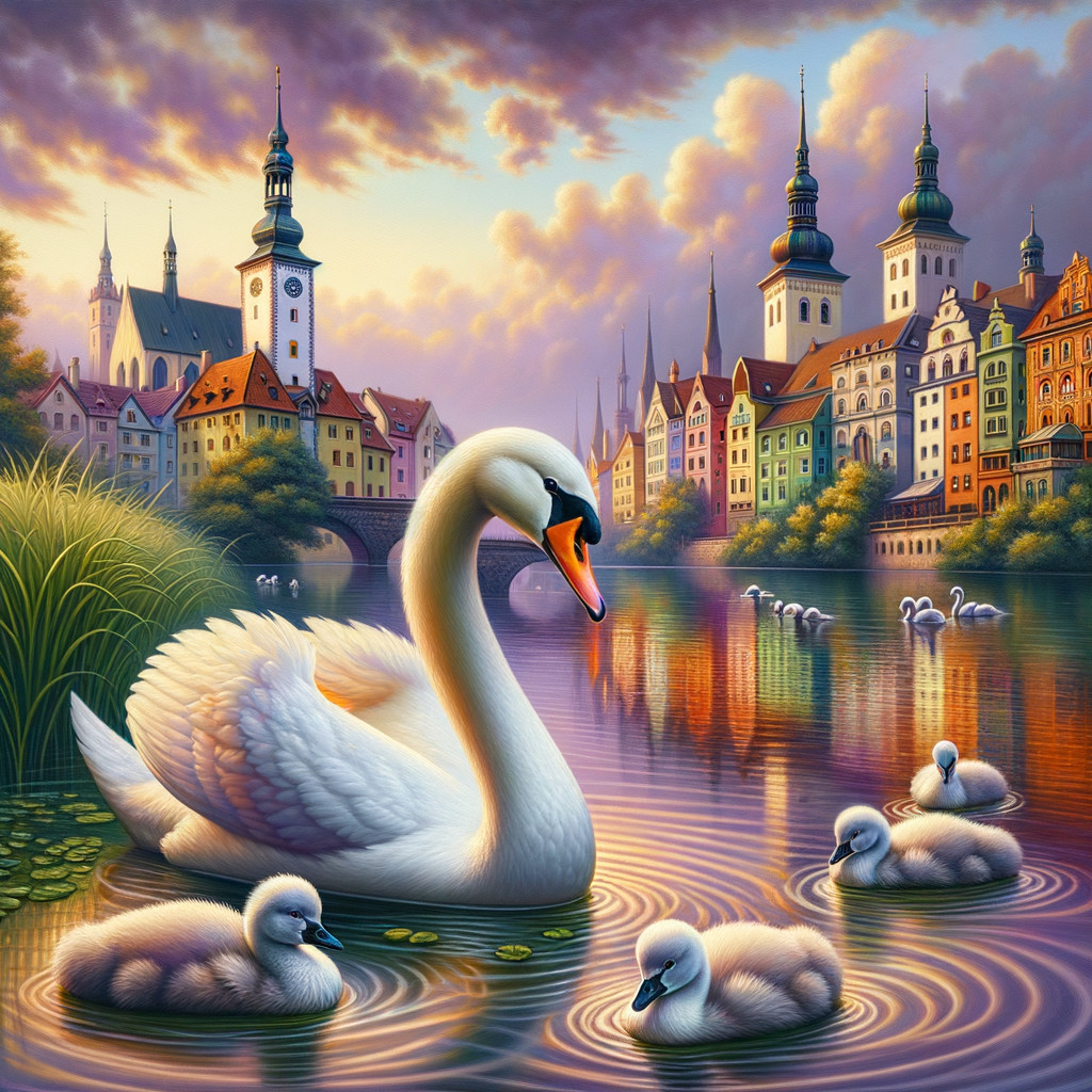 Serene Landscape with Swan and City Reflection
