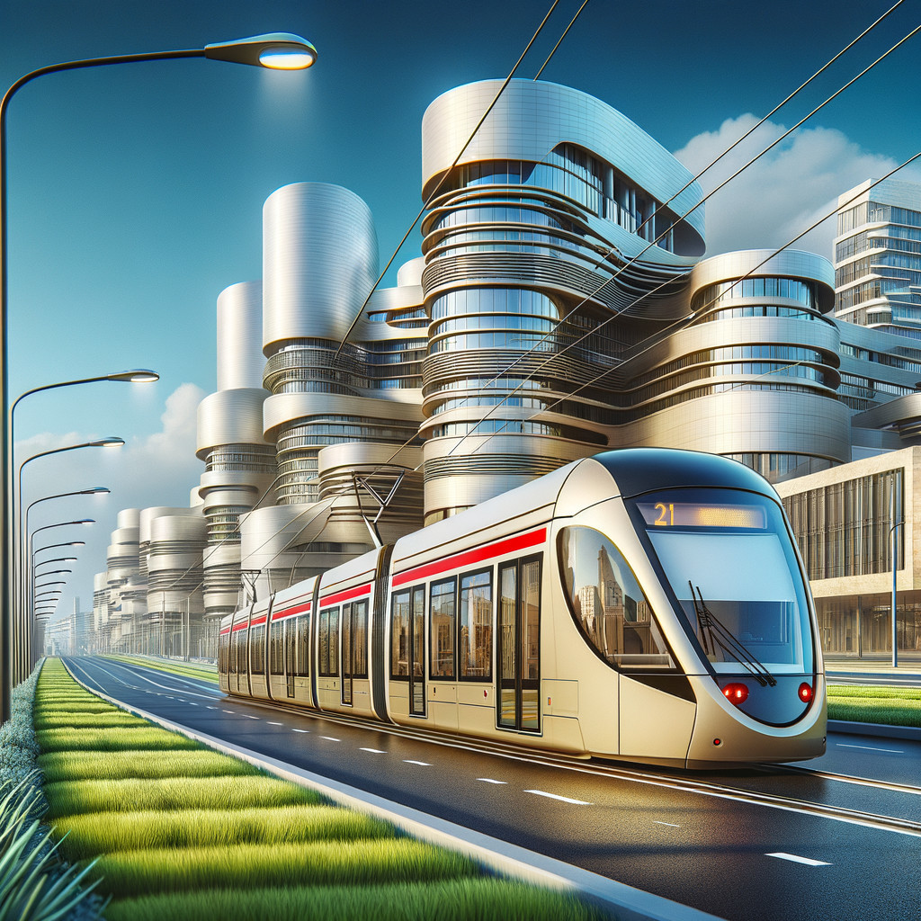 Modern Tram in Futuristic Urban Cityscape