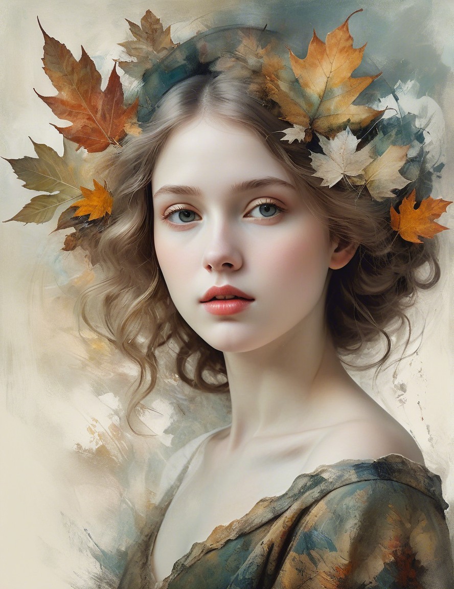 Young woman with autumn leaves in serene landscape
