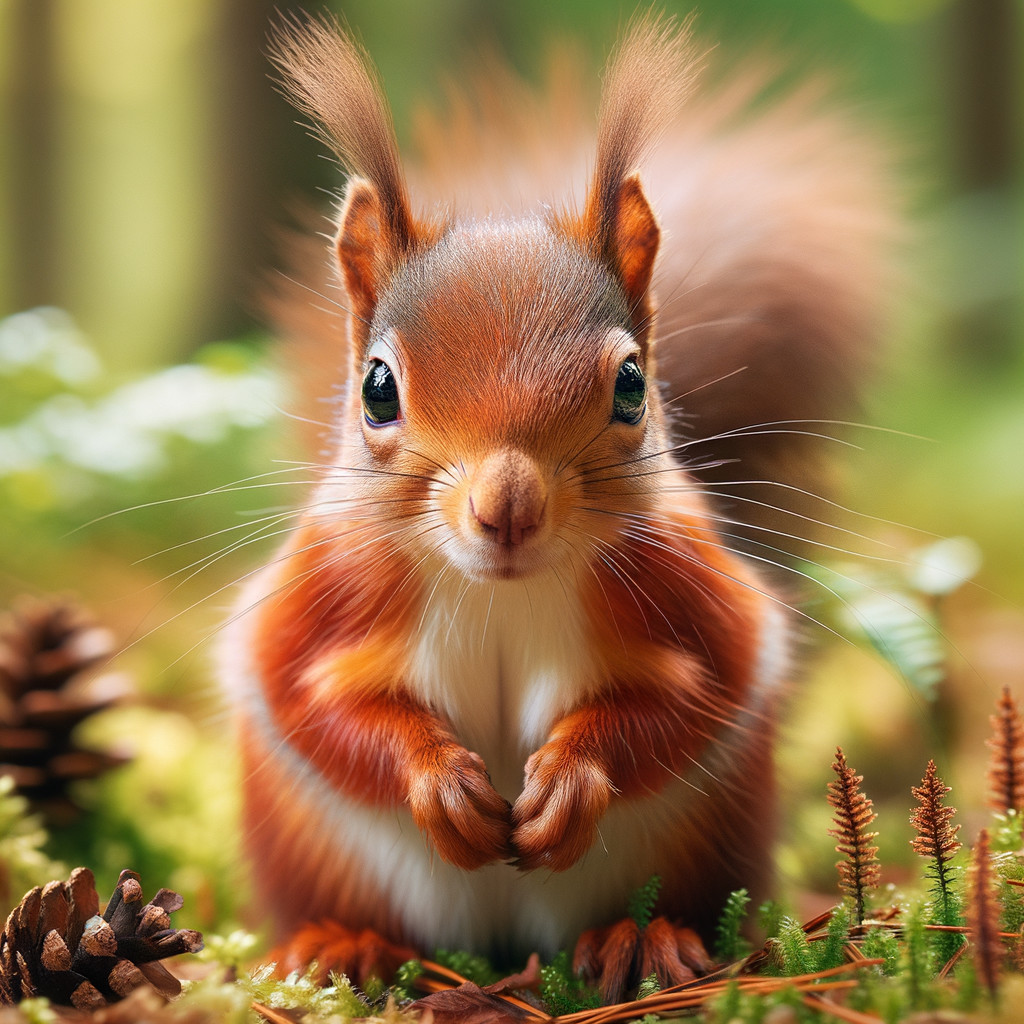 Playful Squirrel in Lush Greenery and Pine Cones