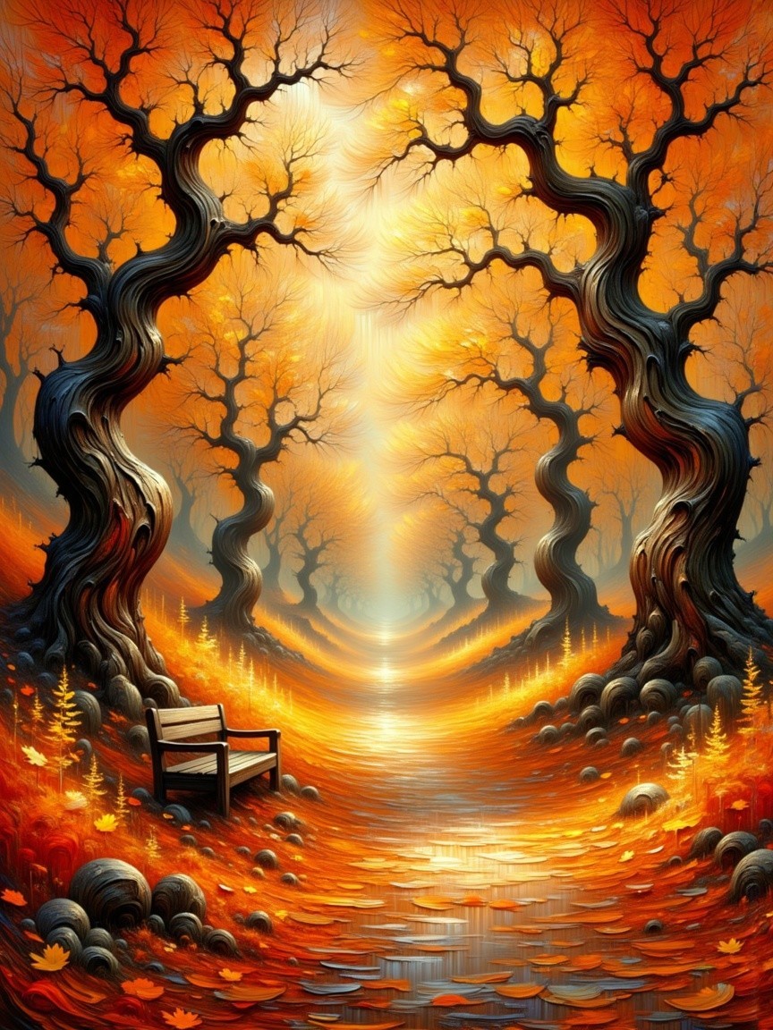 Serene Forest Pathway with Autumn Foliage and Bench