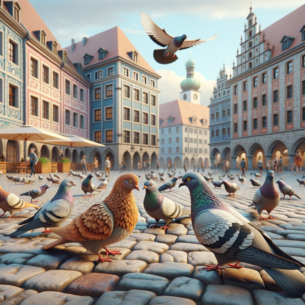 Lively plaza with pigeons and historic buildings