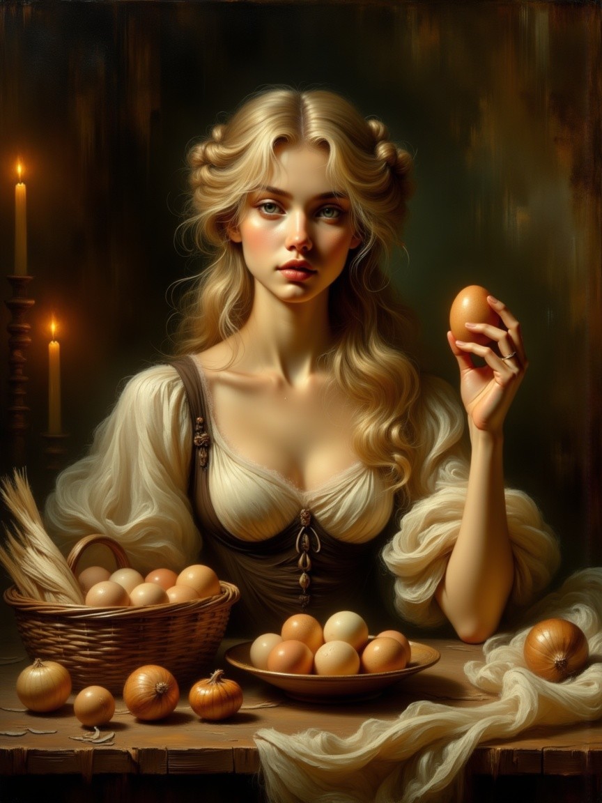 Young woman with egg in rustic candlelit setting