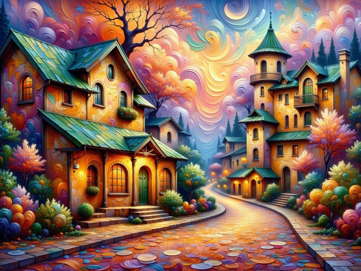 Vibrant Whimsical Village with Colorful Skies and Homes