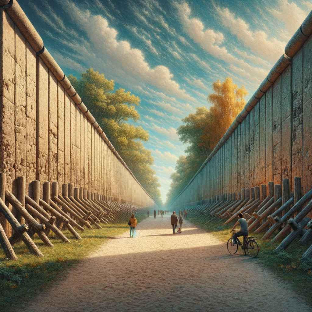 Pathway Surrounded by Stone Walls and Vibrant Trees