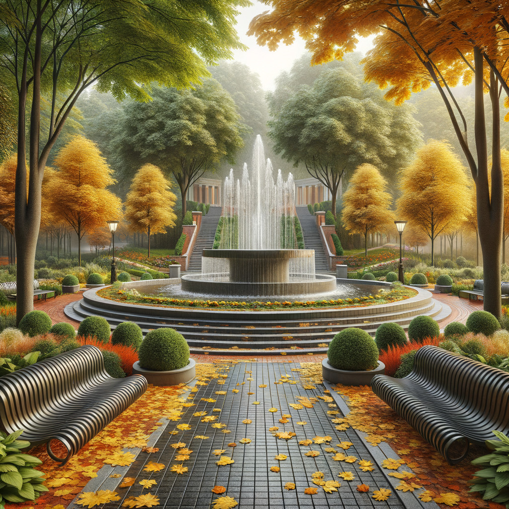 Serene Park Scene with Fountain and Autumn Foliage