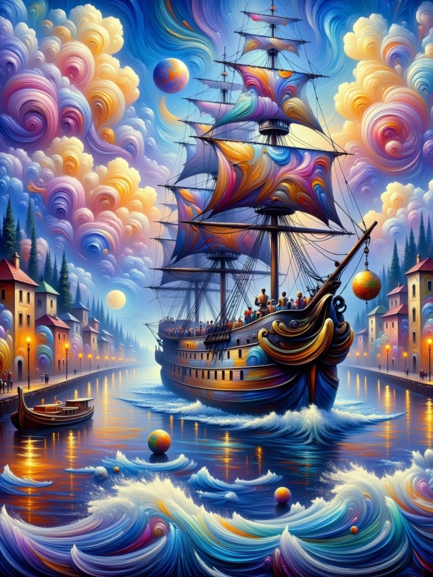 Vibrant Seascape with Grand Ship and Colorful River