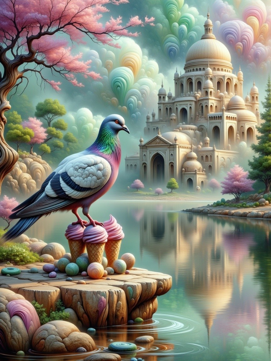 Colorful Pigeon on Ice Cream Cones by Tranquil Lake