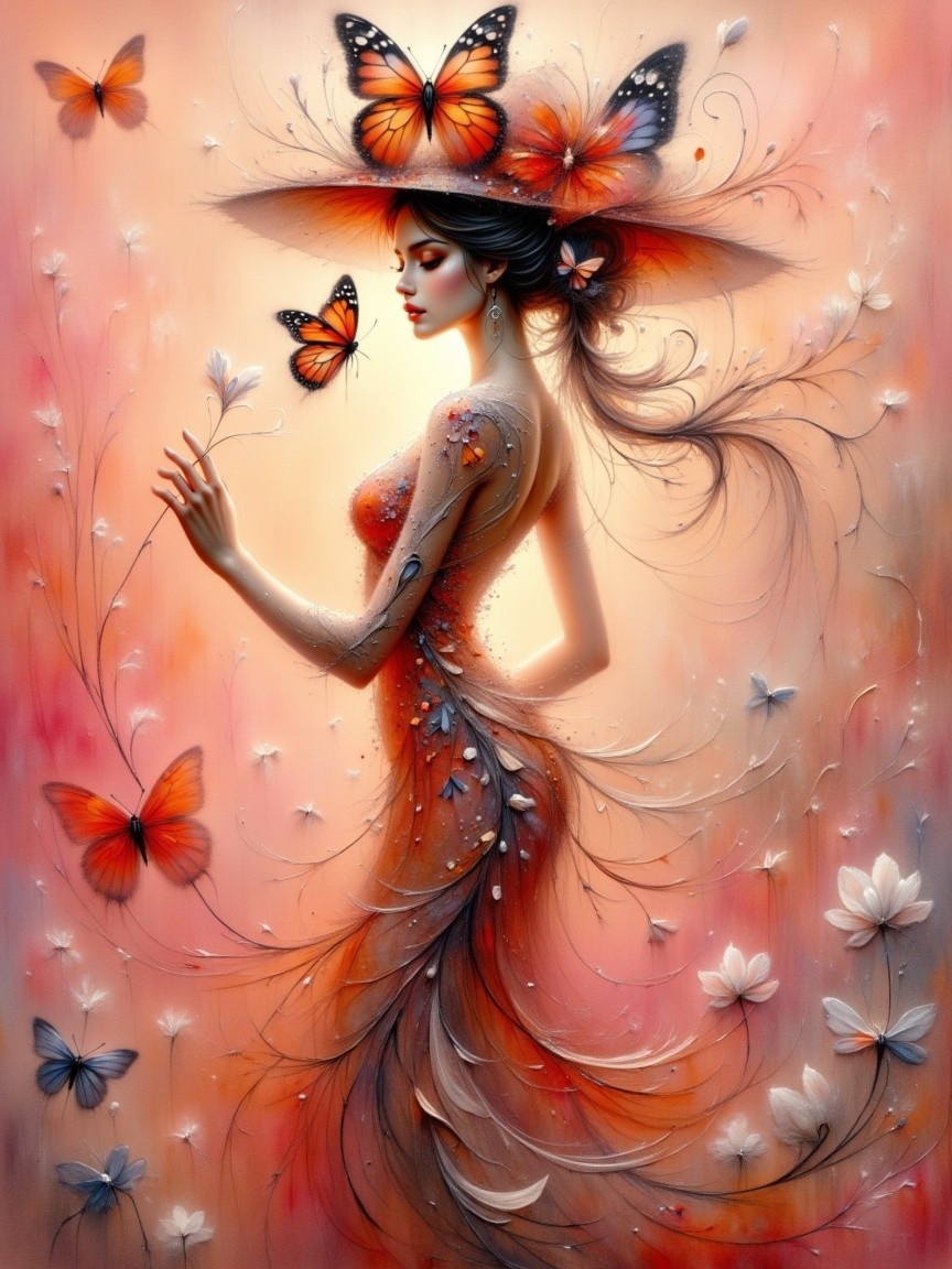 Woman in Orange Gown Surrounded by Butterflies