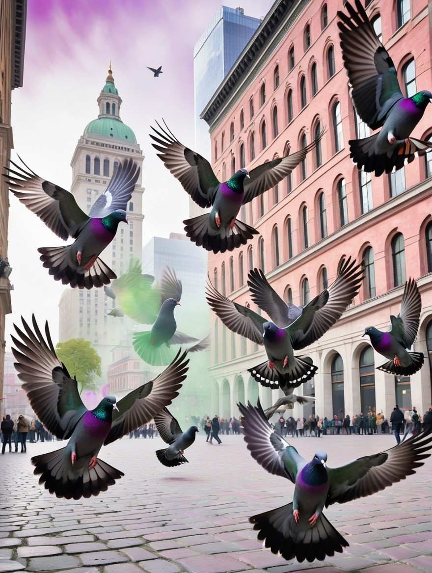 Colorful Pigeons Over a Vibrant Urban Scene