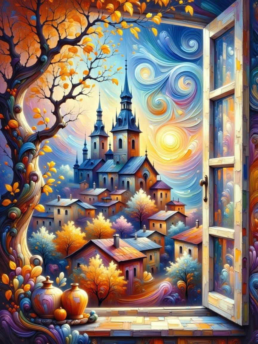 Vibrant Autumn Scene with Castle and Colorful Village