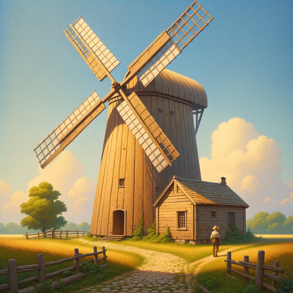 Wooden windmill and cottage in golden fields