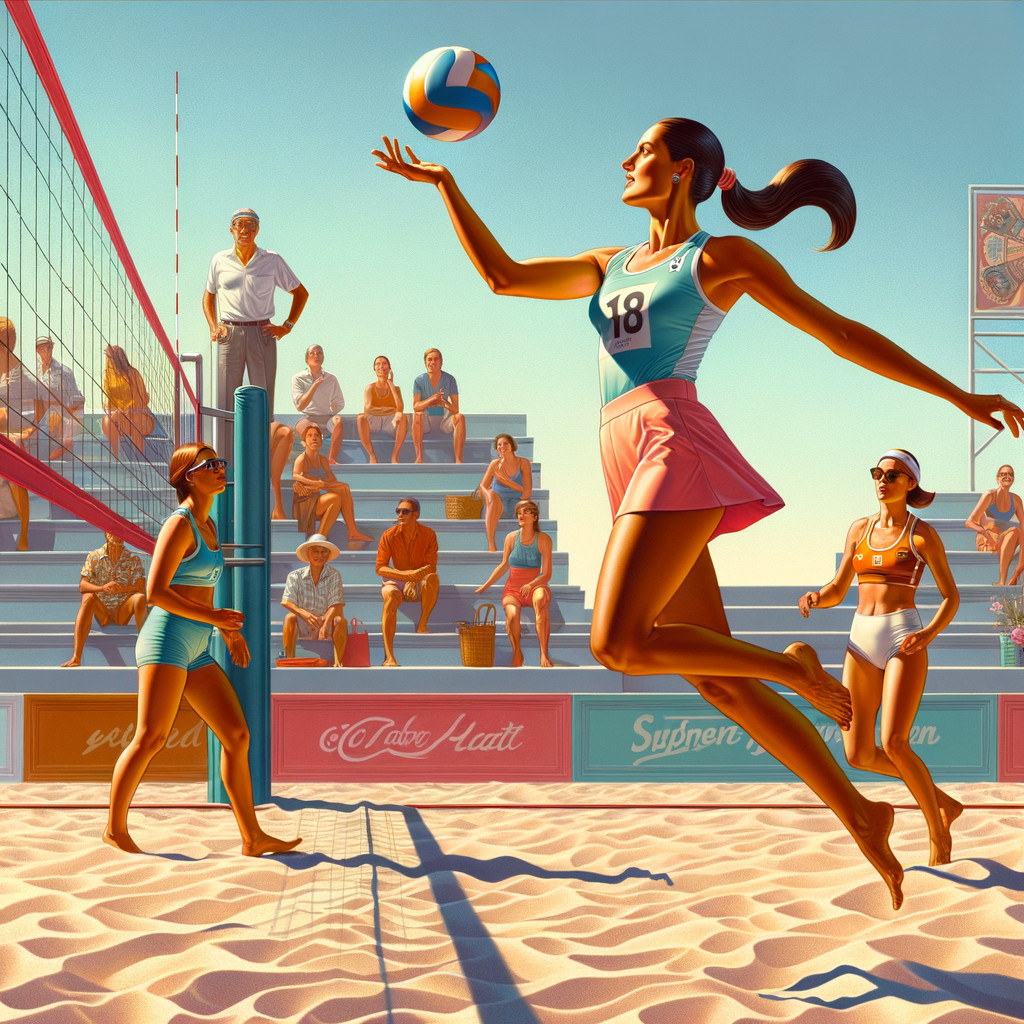 Beach Volleyball Scene with Players and Spectators