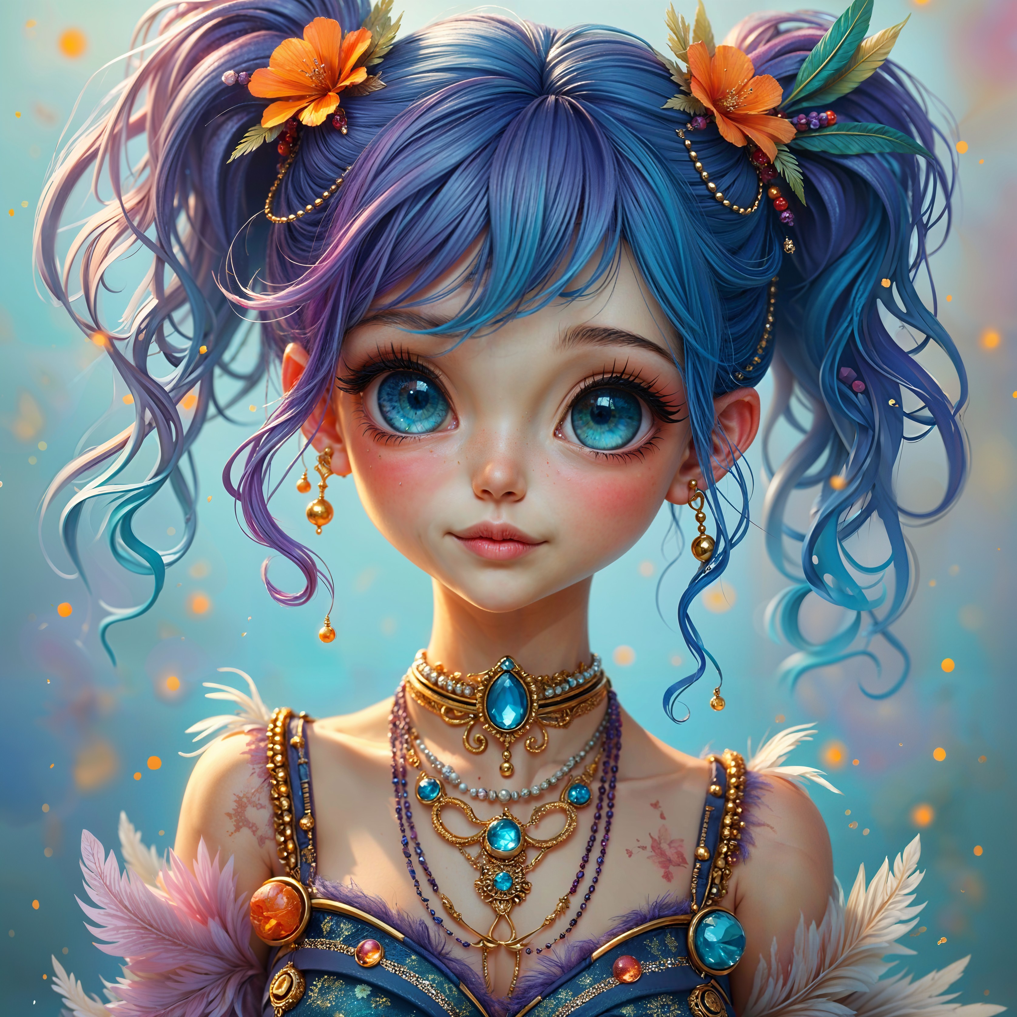 Whimsical Character with Blue Hair and Dreamy Background