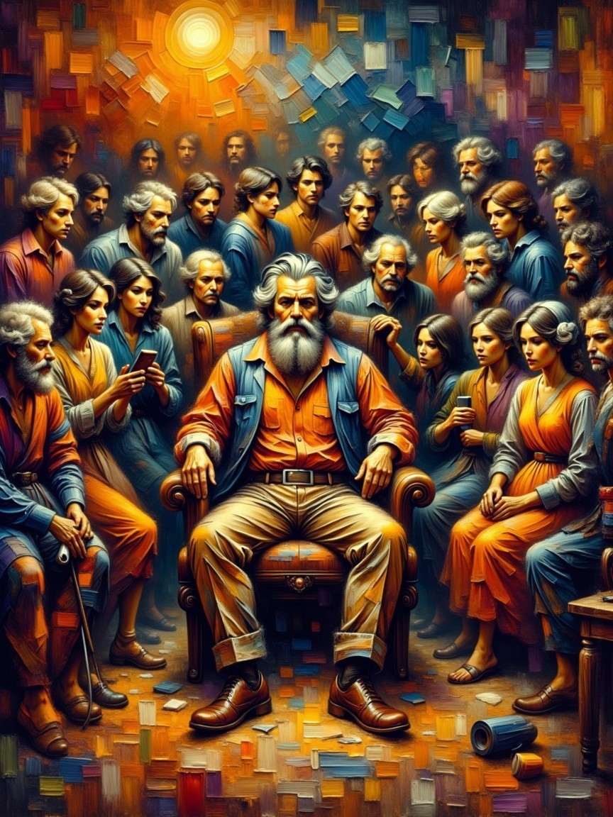 Central figure with beard in vibrant gathering scene