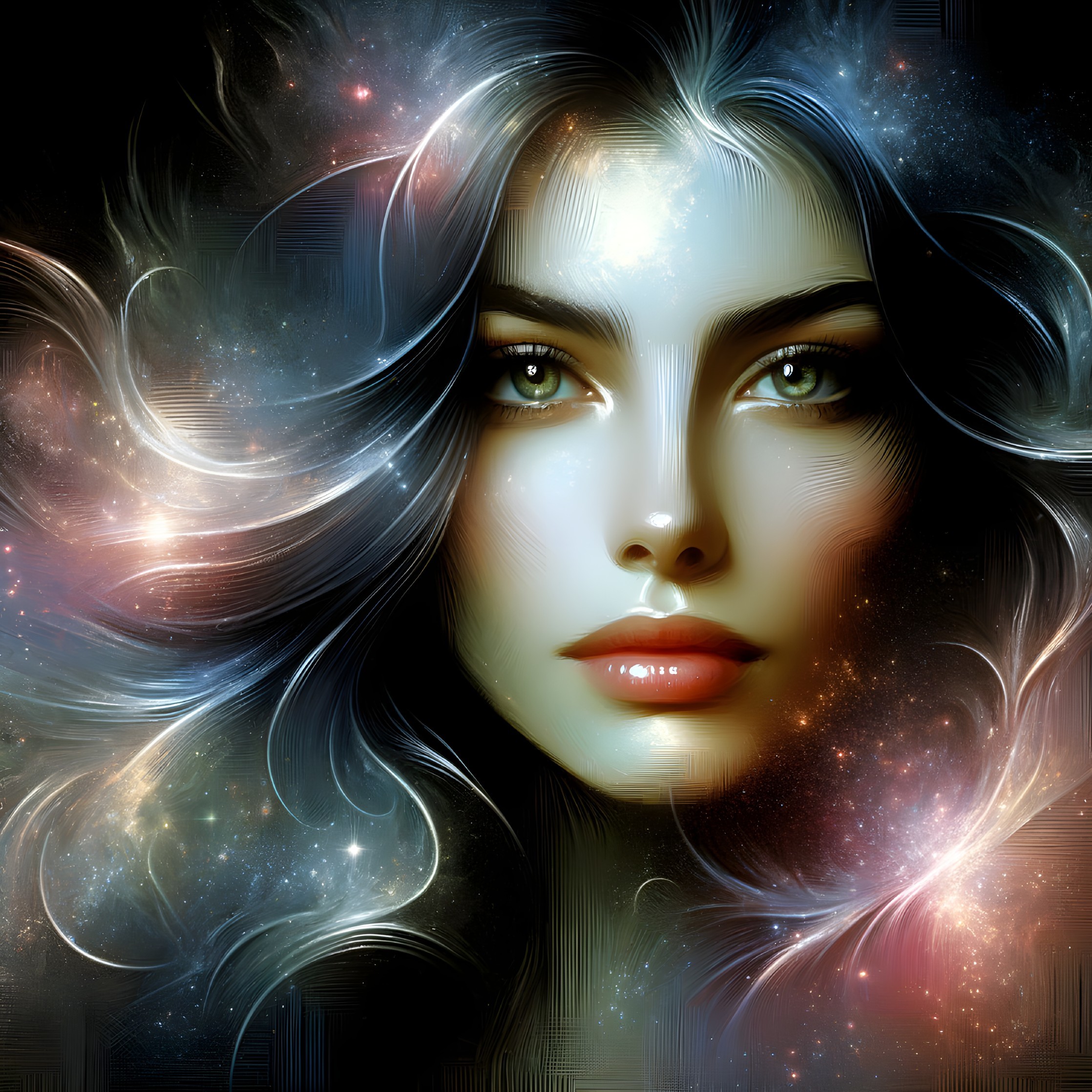 Portrait of a Woman with Cosmic Backdrop and Green Eyes