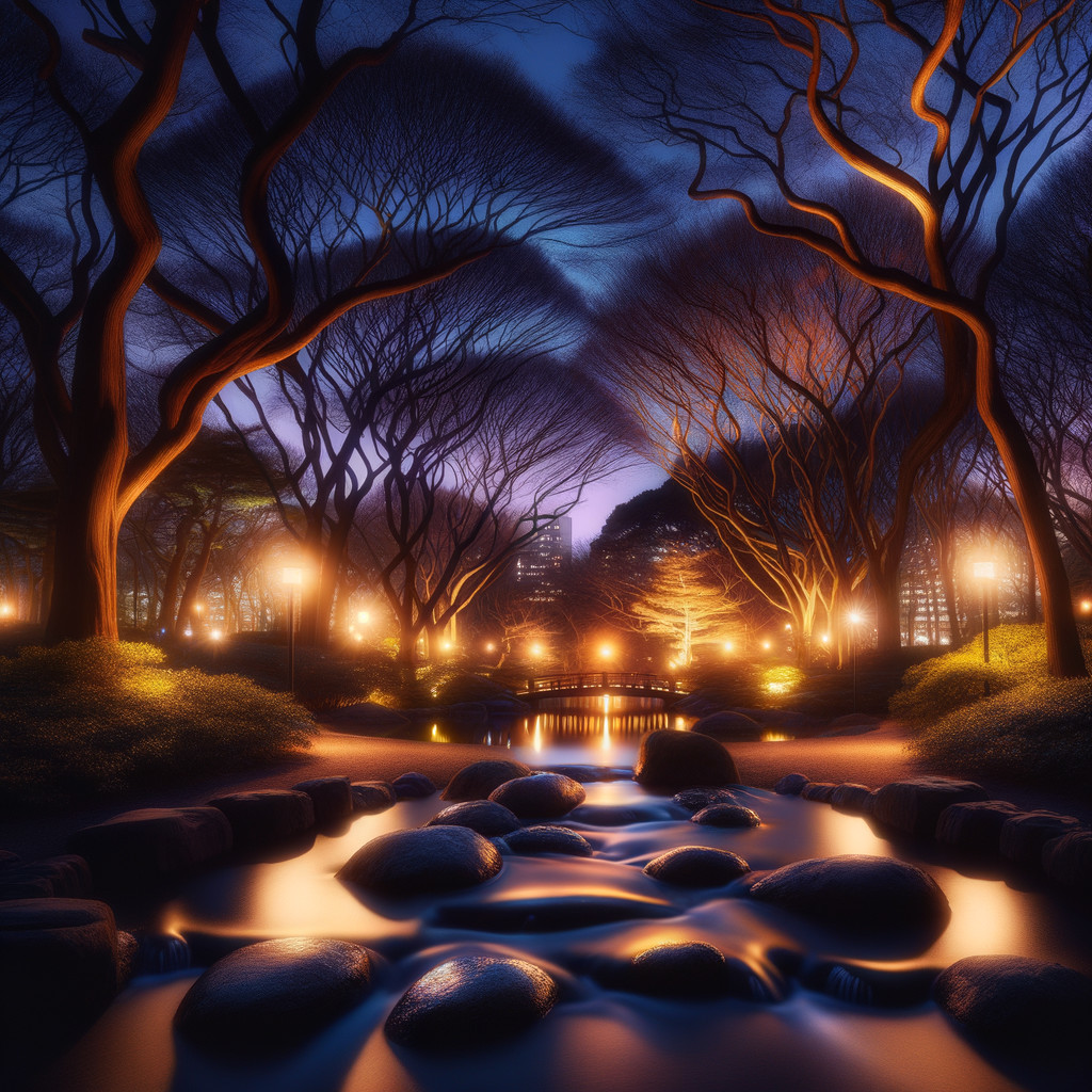 Twilight Park Scene with Lanterns and Tranquil Stream