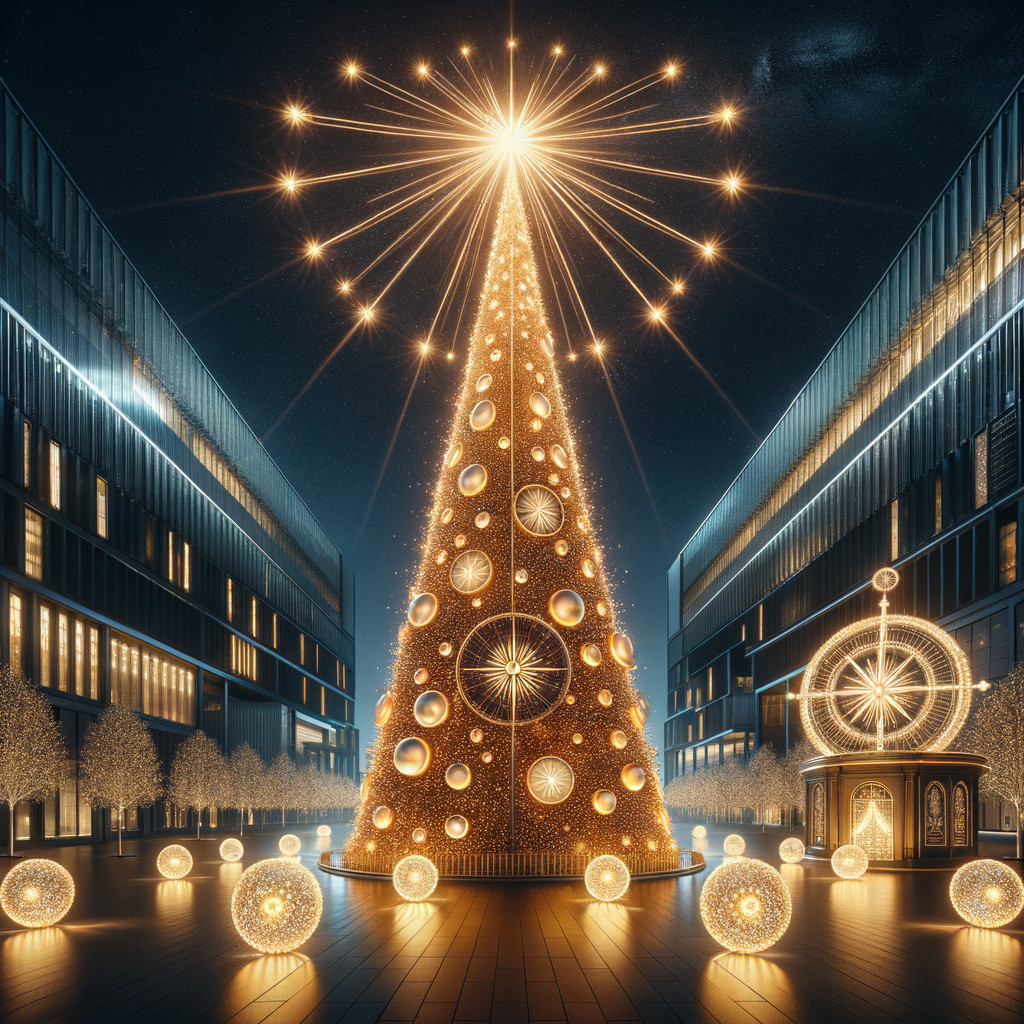 Illuminated Christmas Tree in Modern Plaza Decorated