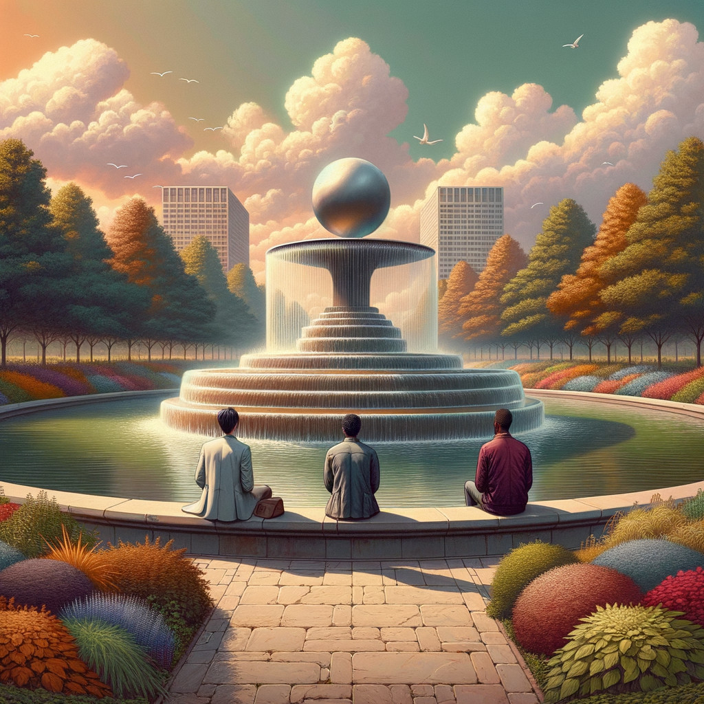 Serene park scene with fountain and autumn trees