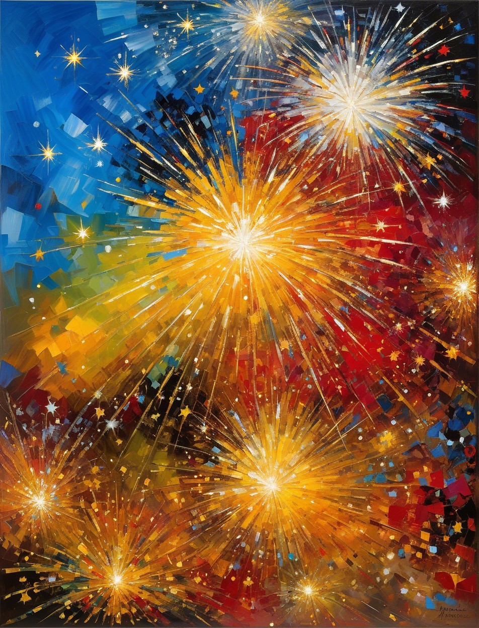 Vibrant Abstract Oil Painting of Colorful Fireworks